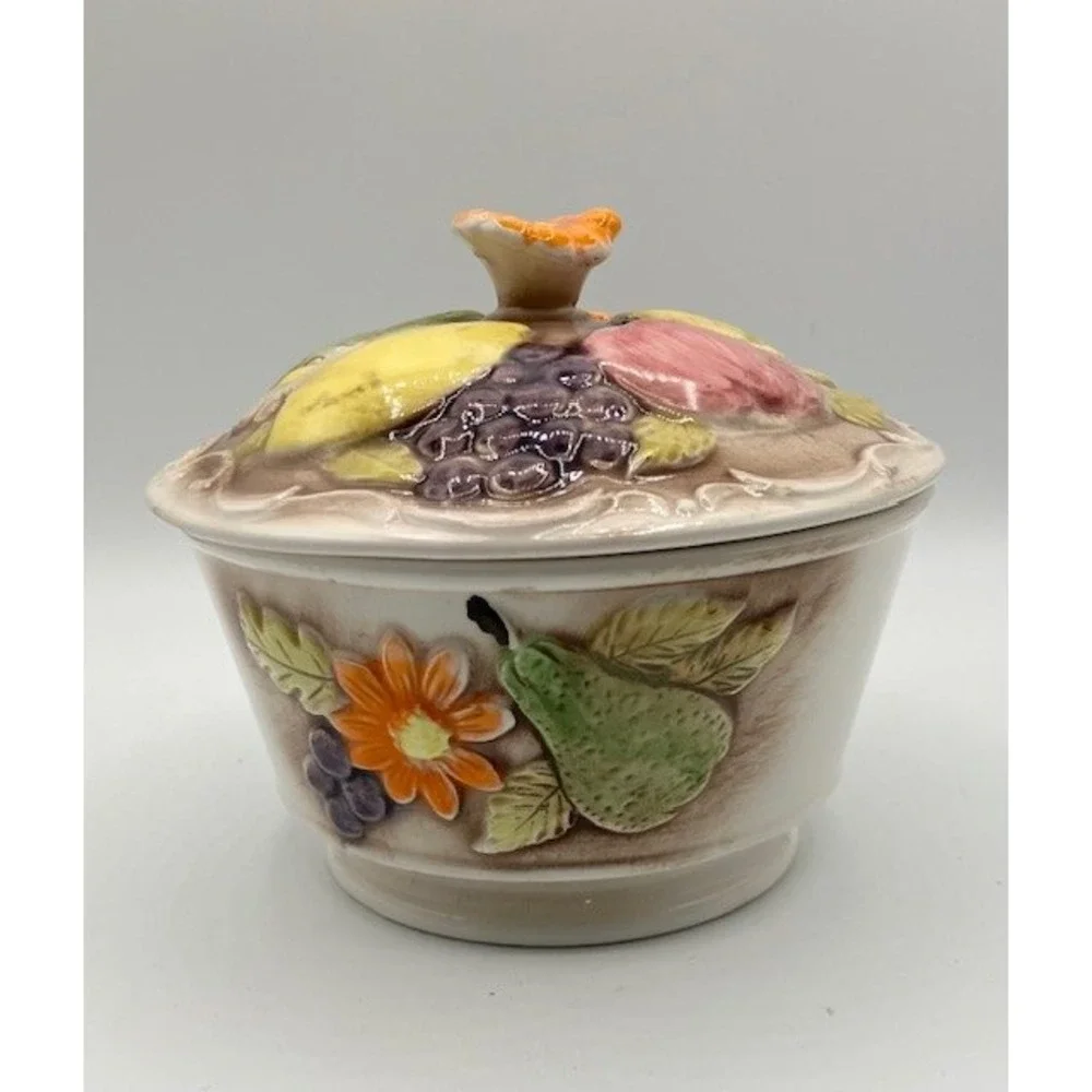 Mid Century Modern Ceramic Covered Dish  Fruit & Flowers‎ Orange Yellow Green